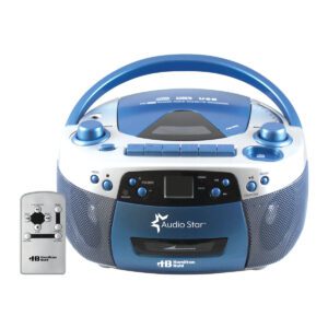 A blue and white radio with a remote control