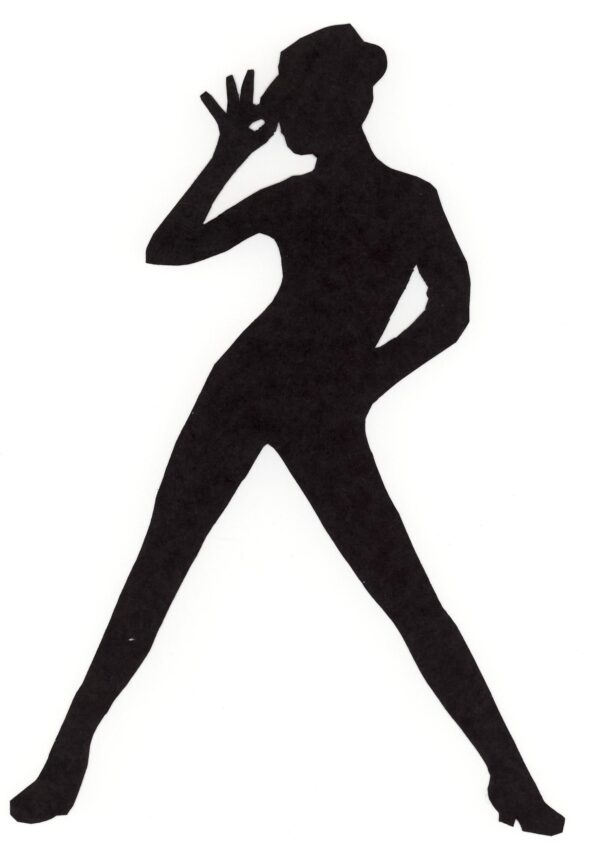 A silhouette of a woman standing with one hand on her head.