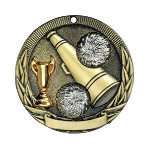 A medal with two balls and a trophy on it.