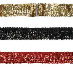 Three horizontal strips of sequined fabric in gold, black, and red.