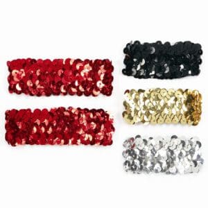 Five rectangular sequined patches in red, black, gold, and silver colors.