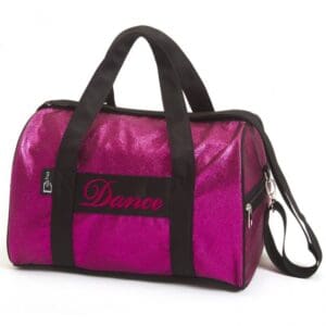 A shiny pink duffel bag with black handles and shoulder strap.