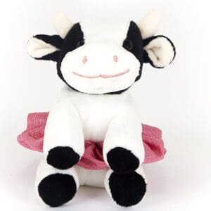 A cute plush cow toy with a white body and black spots.