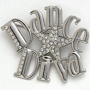 A decorative silver 'Dance Diva' pin with rhinestones.