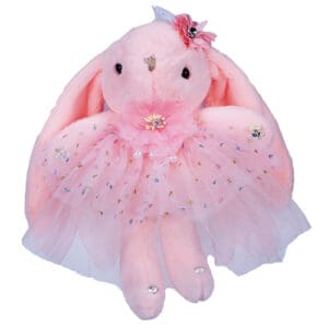 Soft pink bunny plush toy wearing a sparkly dress and bow.