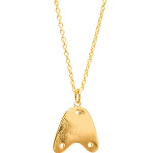 Gold pendant necklace with an abstract, organic-shaped charm.