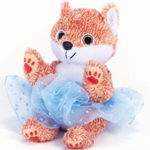 Cute fox plush toy wearing a blue tutu skirt.