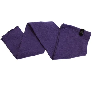 A folded purple scarf with a tag on one end.