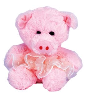Soft pink plush pig with a frilly bow and flower accessory.
