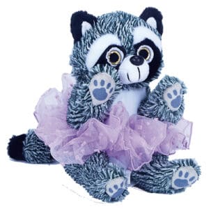 A cute raccoon plush toy wearing a purple tutu.