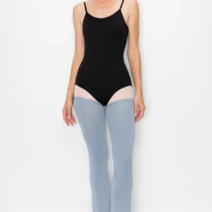 Model wearing light blue leggings and a black sleeveless bodysuit.