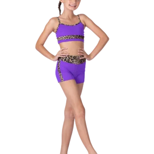 Young girl posing in purple athletic wear with leopard print belt.