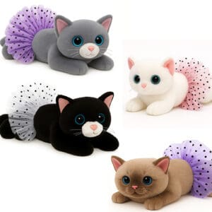 Four adorable plush cat toys with colorful, fluffy tails.