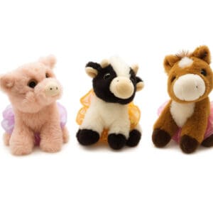 Three plush toys of pig, cow, and horse in a row.