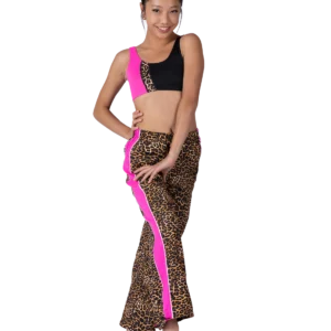 Woman wearing a black crop top and leopard print pants.
