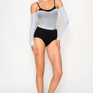 Woman posing in a stylish off-shoulder top and black high-waisted bottoms.