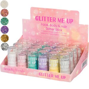 Display of colorful glitter lip glosses in clear tubes with pink packaging.