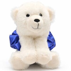 A cute white teddy bear with a blue ribbon.