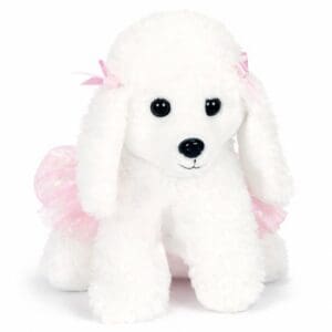 A white plush poodle toy with pink bows and tutu.