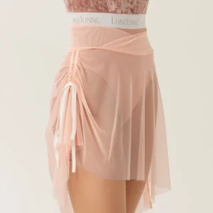 Sheer pink asymmetrical mesh skirt with ribbon ties